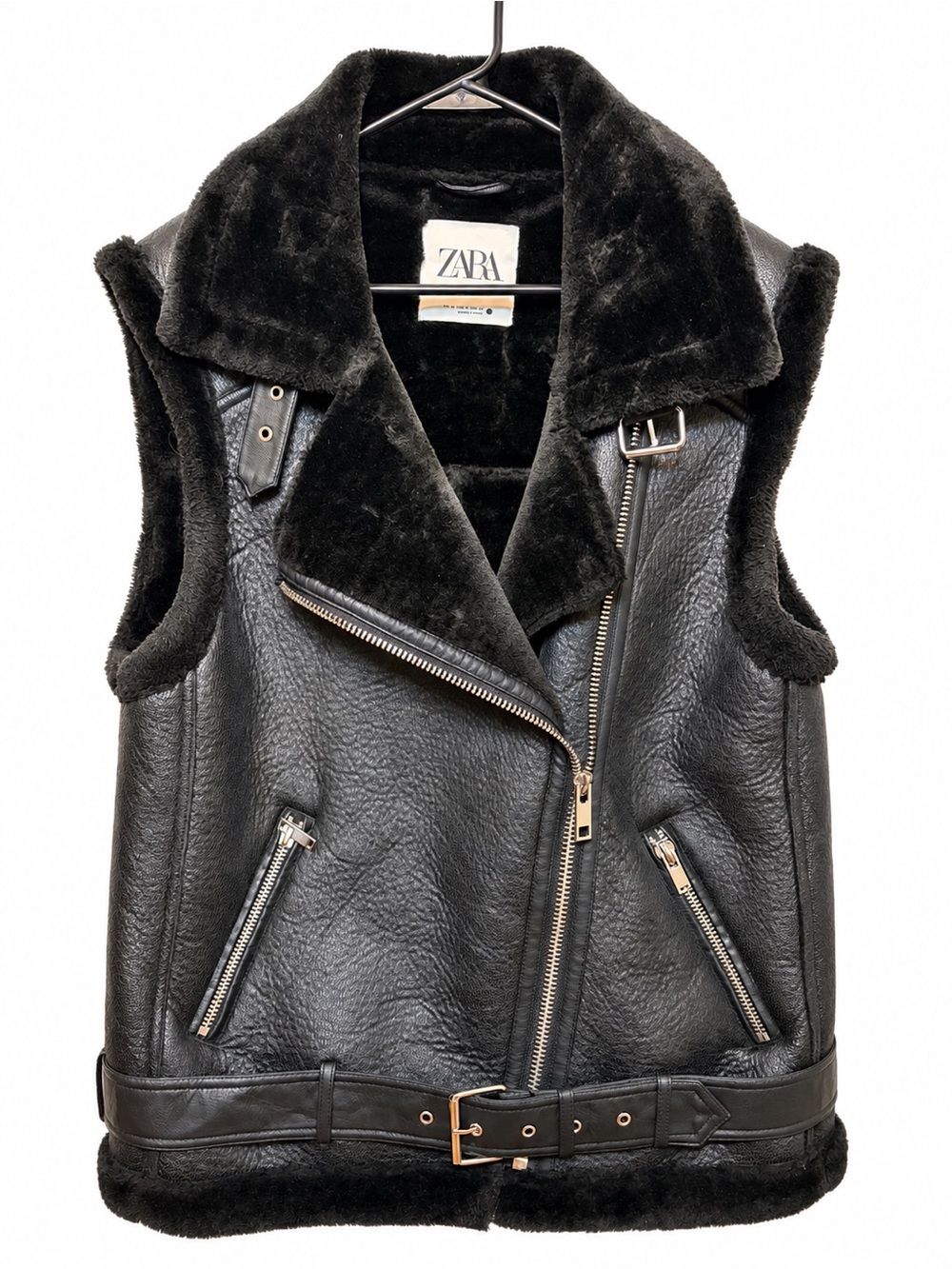 Zara Black Faux Shearling Moto Biker Vest Sz M Belted Faux Leather